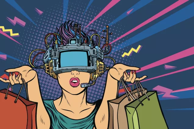 Person with VR headset and shopping bags. Illustration.