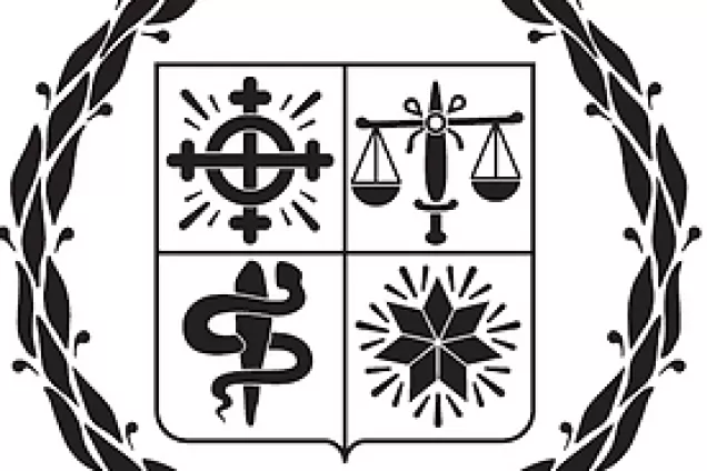 Logo of the Lund Doctoral Student Union. A black illustrated wreath is filled with four black symbols symbolising, among other things, justice and healthcare. White background.