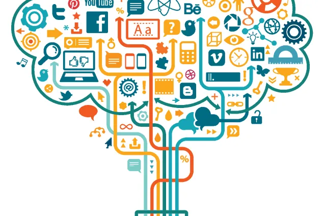 Illustration of a colourful cloud of technology rising from a laptop.
