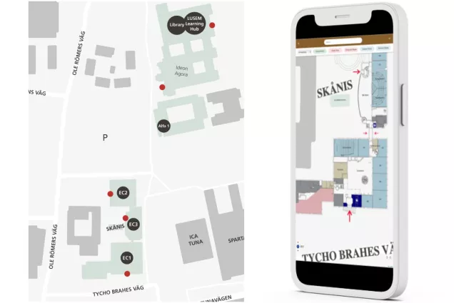 Overview map and Iphone with an open app. Graphic illustration