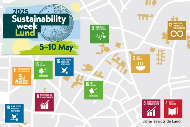 ENG - kalendariebild.jpg A map of Lund, with different SDG goal symbols placed around the city. In the left corner the Sustainability Week symbol. Illustration.