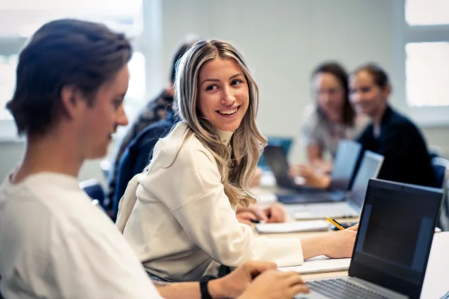 Smiling student sitting studying with friends. Photo