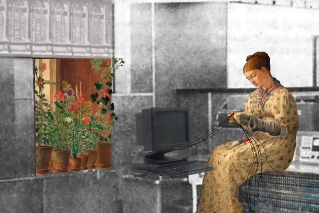 Photo montage: a woman knits threads coming out of a computer.