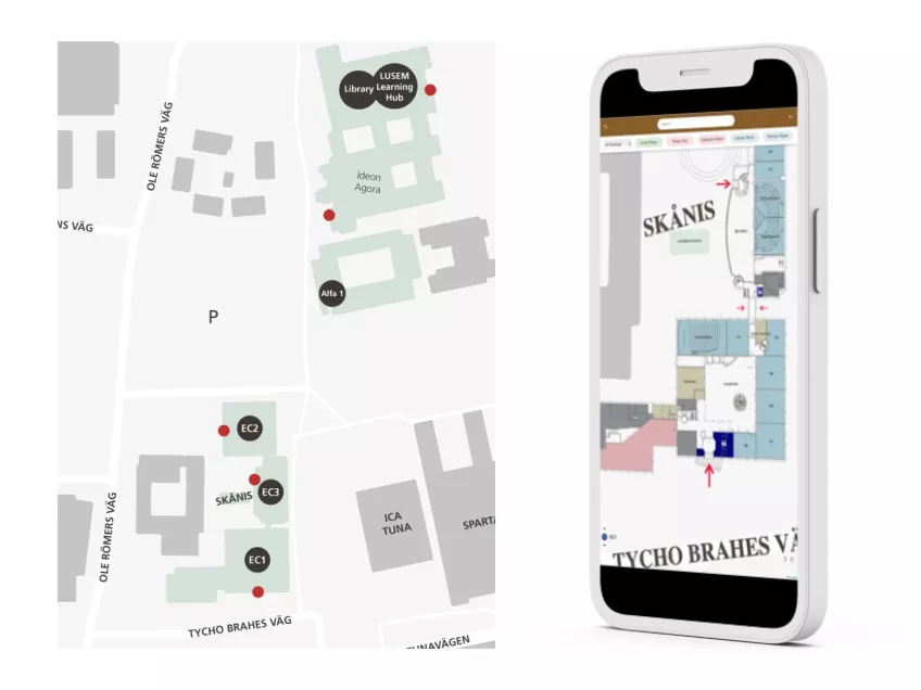 Overview map and Iphone with an open app. Graphic illustration